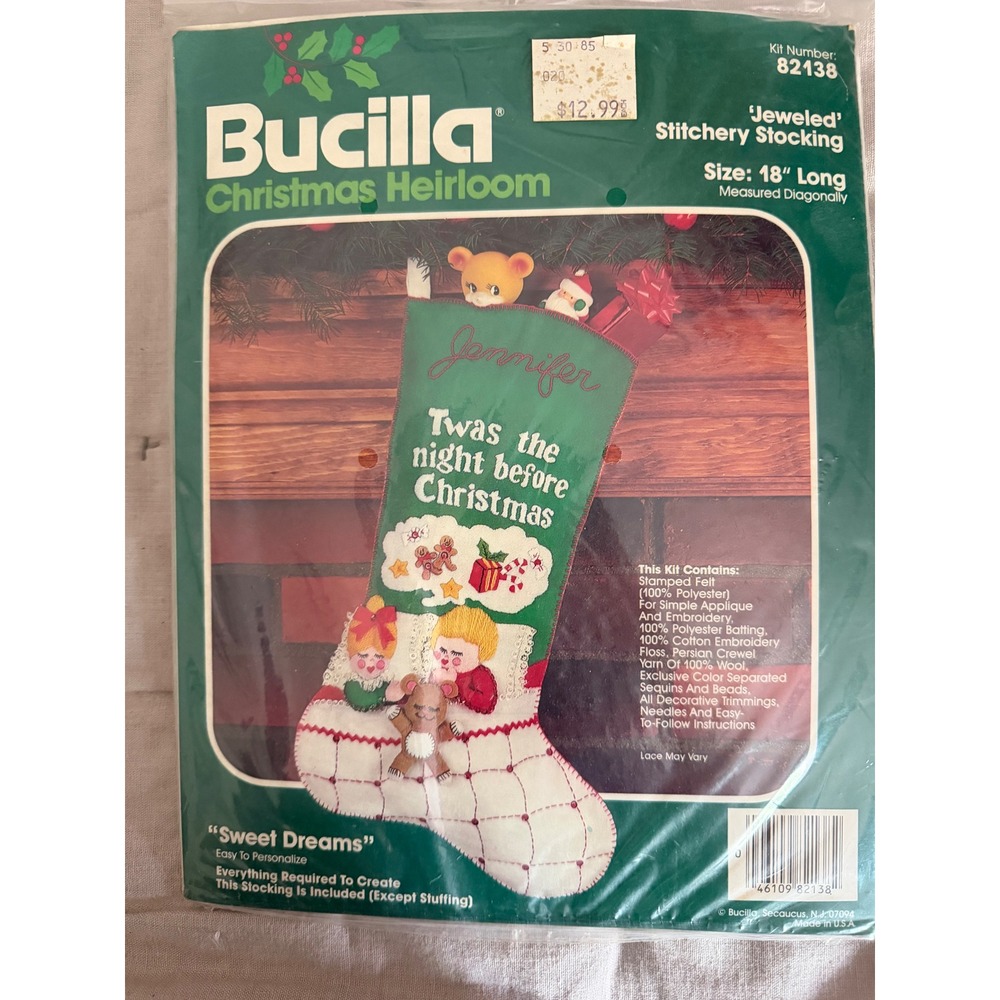 Bucilla Sweet Dreams Jeweled Christmas Stocking Kit 82138 Vintage 18 Inch Felt